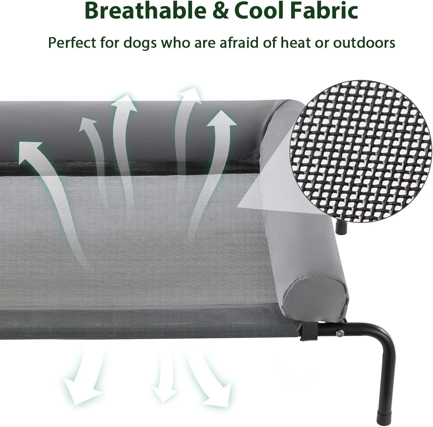 Cooling Elevated Dog Bed for Large Dogs – Waterproof Raised Dog Cot with Slope Headrest, Breathable Teslin Mesh, Durable & Portable Pet Bed for Indoor and Outdoor Use, Grey
