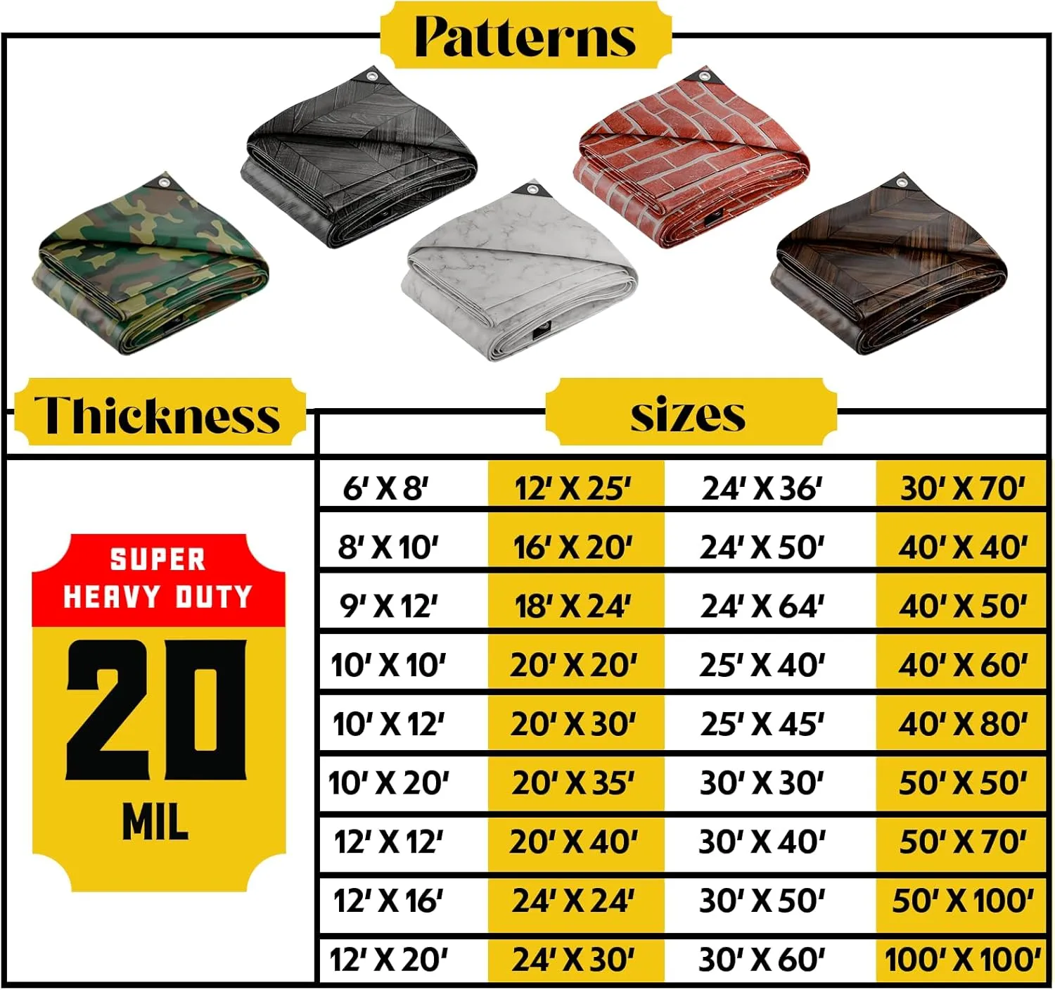 Core Tarps Extreme Heavy Duty 20 Mil Tarp Cover, Waterproof, UV Resistant, Rip and Tear Proof, Poly Tarpaulin with Reinforced Edges for Roof, Camping, Patio, Pool, Boat (Brown Wood/Black 12′ X 25′)