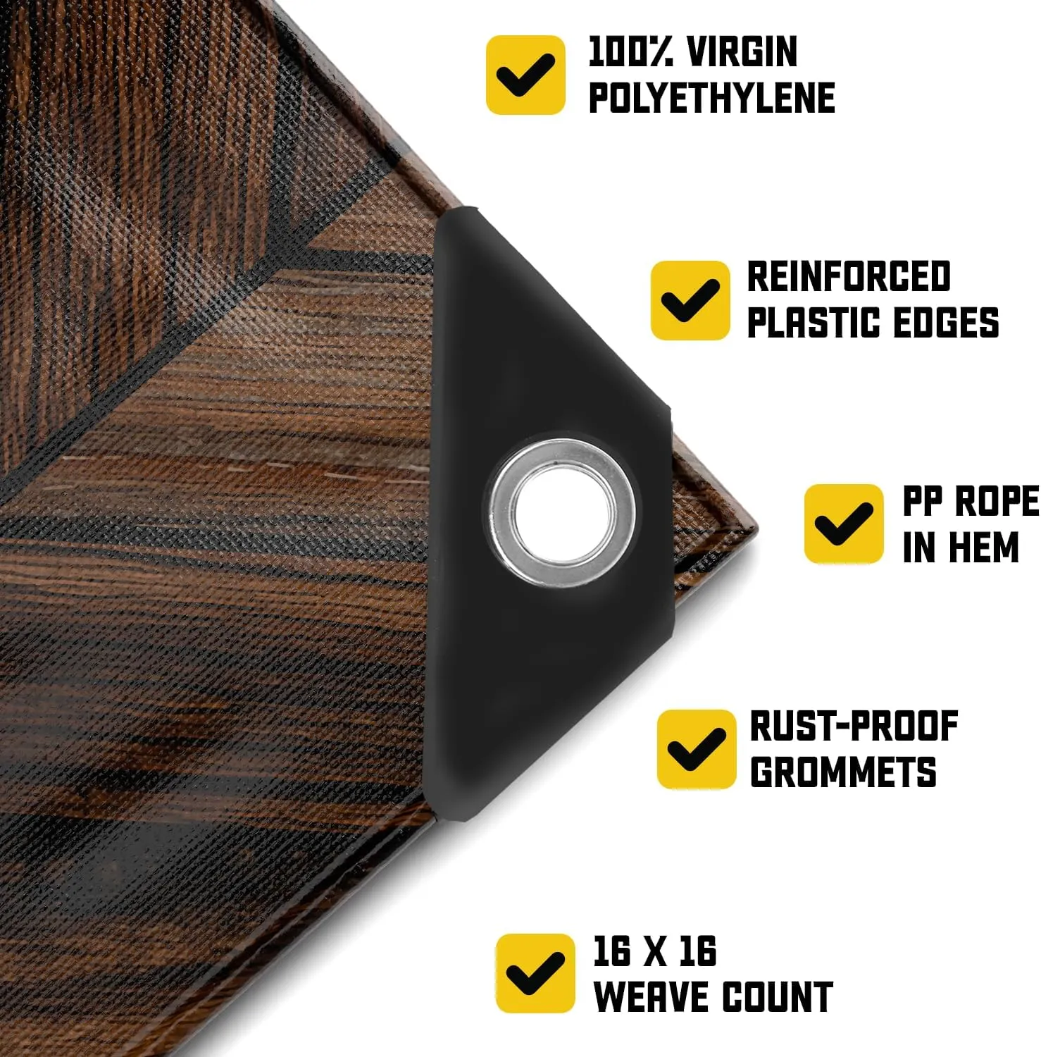 Core Tarps Extreme Heavy Duty 20 Mil Tarp Cover, Waterproof, UV Resistant, Rip and Tear Proof, Poly Tarpaulin with Reinforced Edges for Roof, Camping, Patio, Pool, Boat (Brown Wood/Black 12′ X 25′)