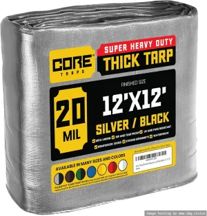 Core Tarps Extreme Heavy Duty 20 Mil Tarp Cover, Waterproof, UV Resistant, Rip and Tear Proof, Poly Tarpaulin with Reinforced Edges for Roof, Camping, Patio, Pool, Boat (Silver/Black 12′ X 12′)