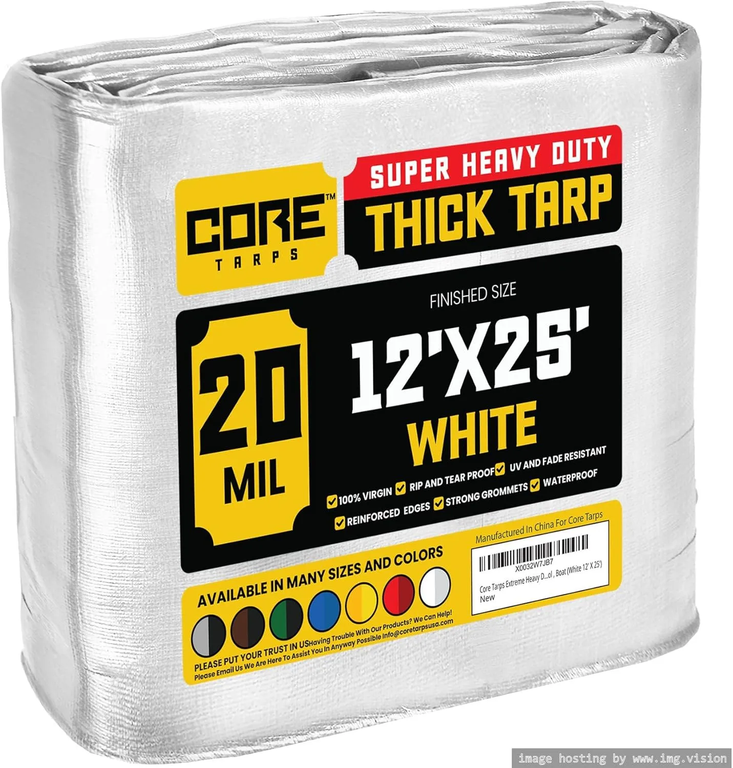 Core Tarps Extreme Heavy Duty 20 Mil Tarp Cover, Waterproof, UV Resistant, Rip and Tear Proof, Poly Tarpaulin with Reinforced Edges for Roof, Camping, Patio, Pool, Boat (White 12′ X 25′)