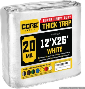 Core Tarps Extreme Heavy Duty 20 Mil Tarp Cover, Waterproof, UV Resistant, Rip and Tear Proof, Poly Tarpaulin with Reinforced Edges for Roof, Camping, Patio, Pool, Boat (White 12′ X 25′)