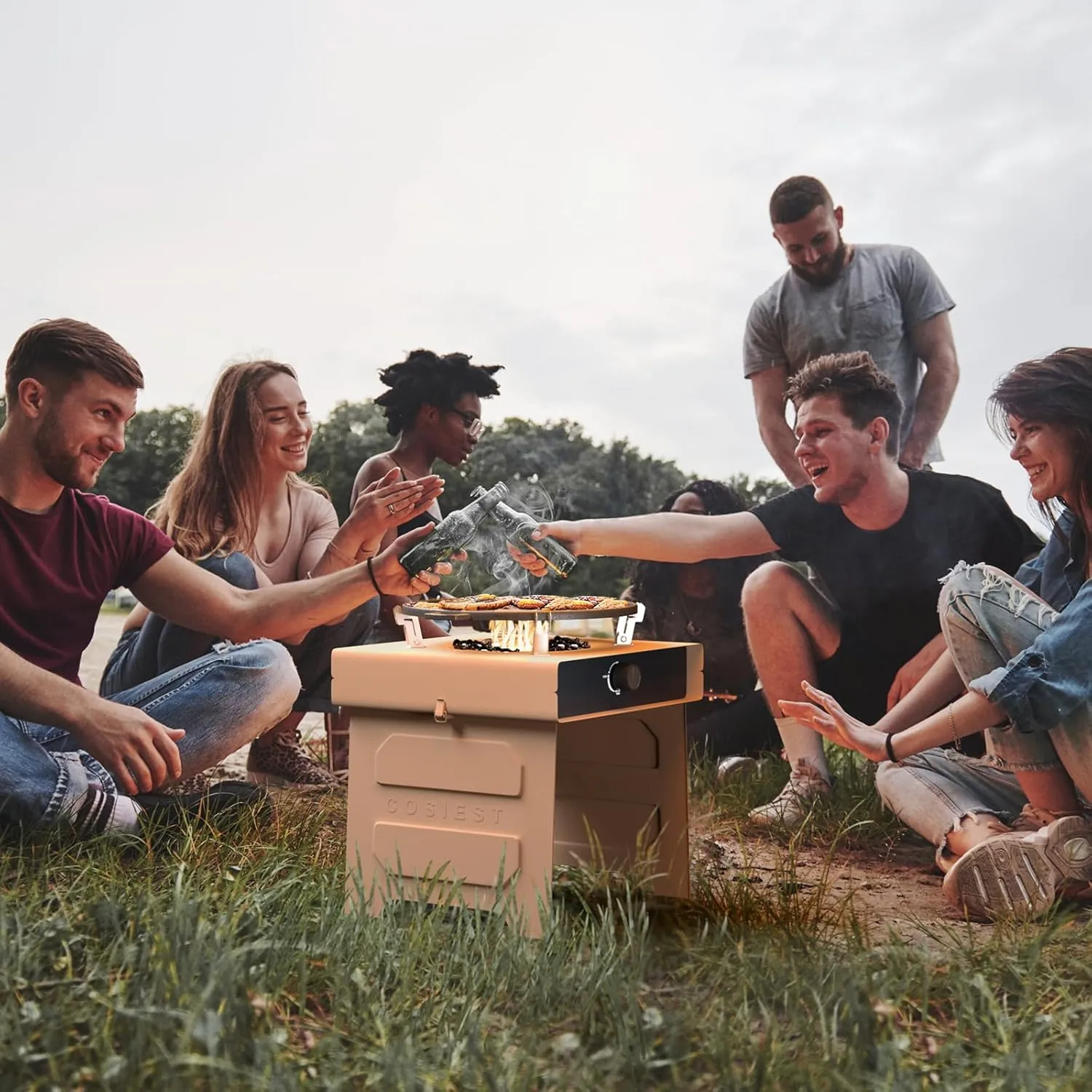 COSIEST 15.7 inch Outdoor Propane Fire Pit, Foldable Smokless Fire Table with Baking Tray, Mini Stainless Seel Iron Fire Pit with Portable Bag, Fire Glass for BBQ, Camping, Party, Yard, Macadamia