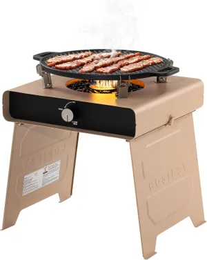 COSIEST 15.7 inch Outdoor Propane Fire Pit, Foldable Smokless Fire Table with Baking Tray, Mini Stainless Seel Iron Fire Pit with Portable Bag, Fire Glass for BBQ, Camping, Party, Yard, Macadamia