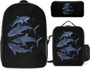 Cosmic Whale Shark 17 Inches Large Capacity Backpacks with Lunch Bag Pencil Case Set Resistant Daypack 3 Piece