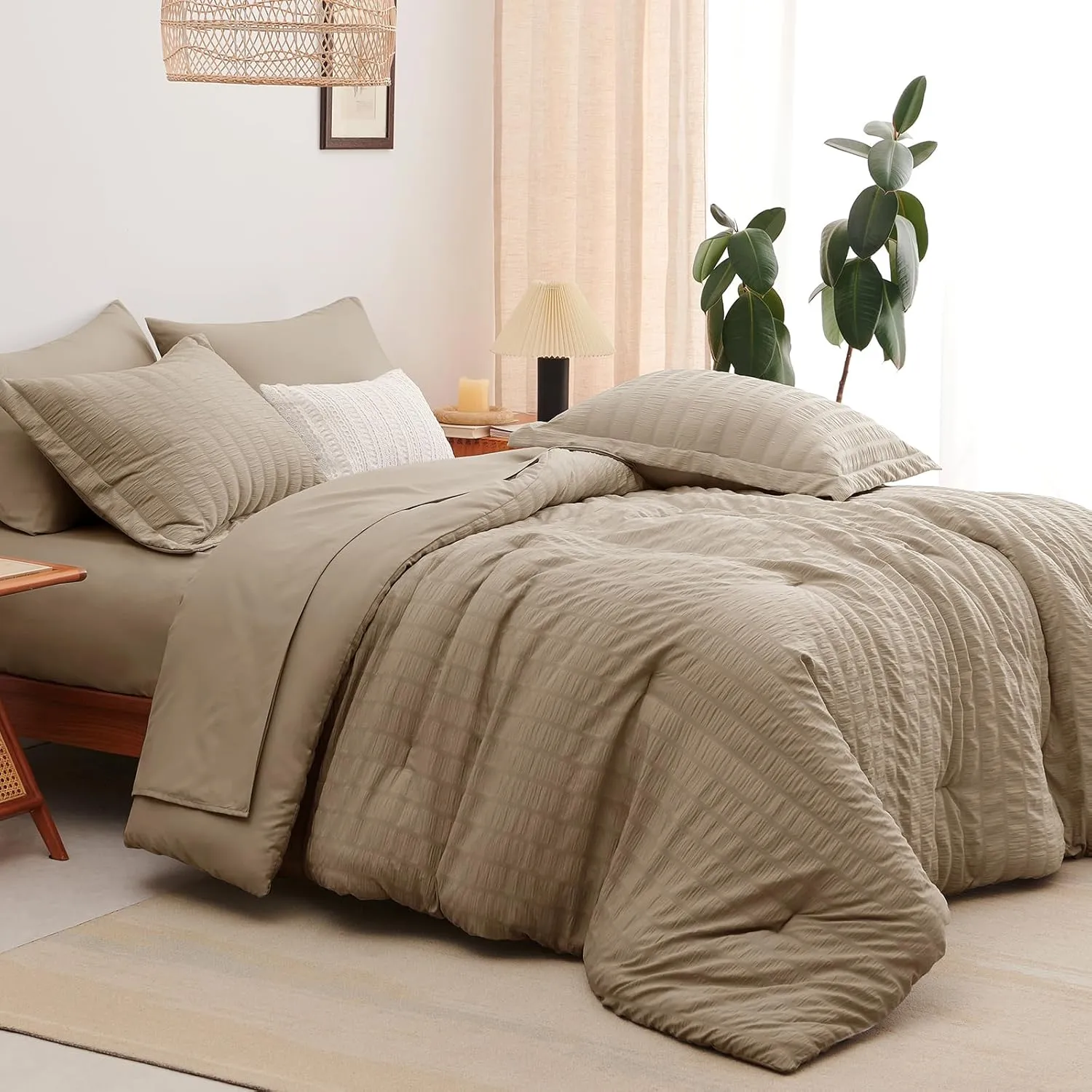 CozyLux Queen Seersucker Comforter Set with Sheets Taupe Bed in a Bag 7-Pieces All Season Bedding Sets with Comforter, Pillow Sham, Flat Sheet, Fitted Sheet, Pillowcase