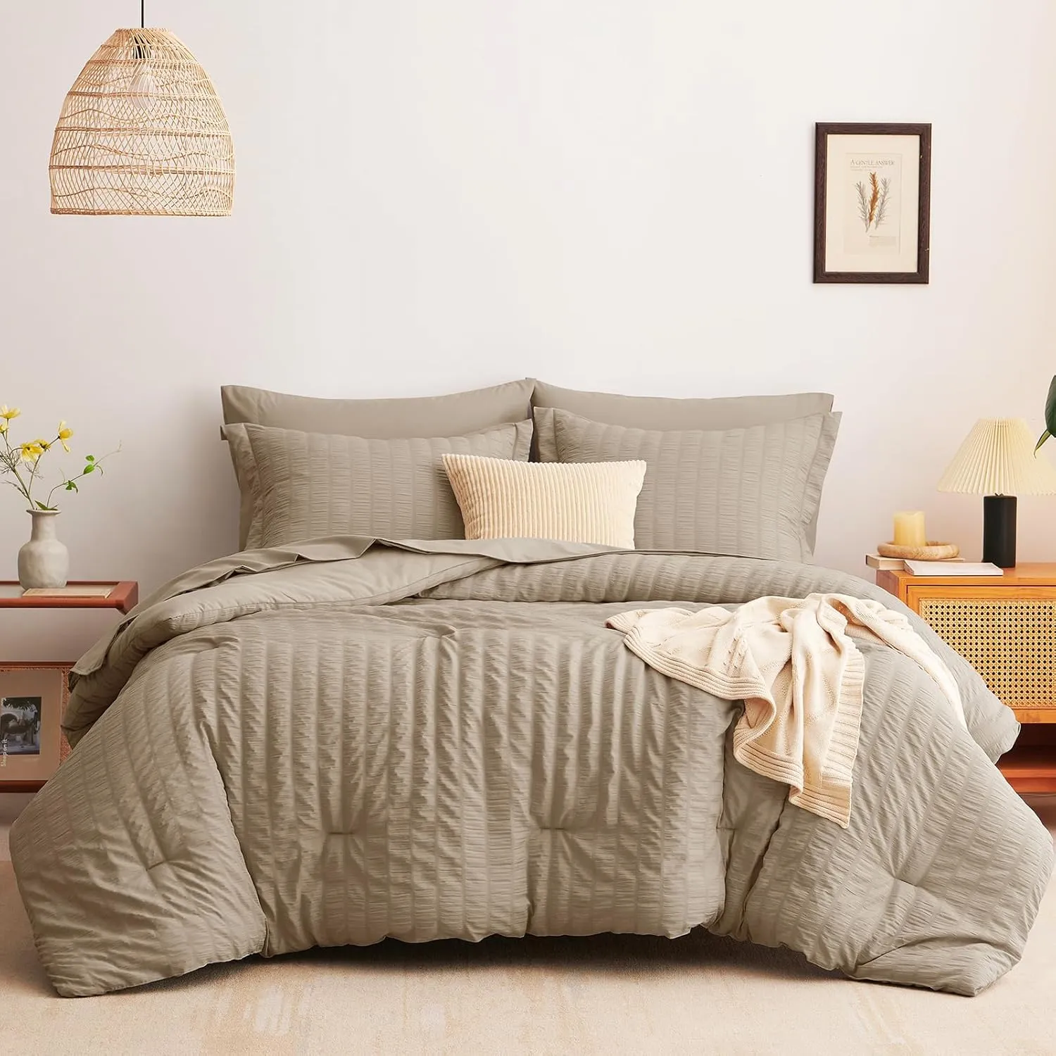 CozyLux Queen Seersucker Comforter Set with Sheets Taupe Bed in a Bag 7-Pieces All Season Bedding Sets with Comforter, Pillow Sham, Flat Sheet, Fitted Sheet, Pillowcase