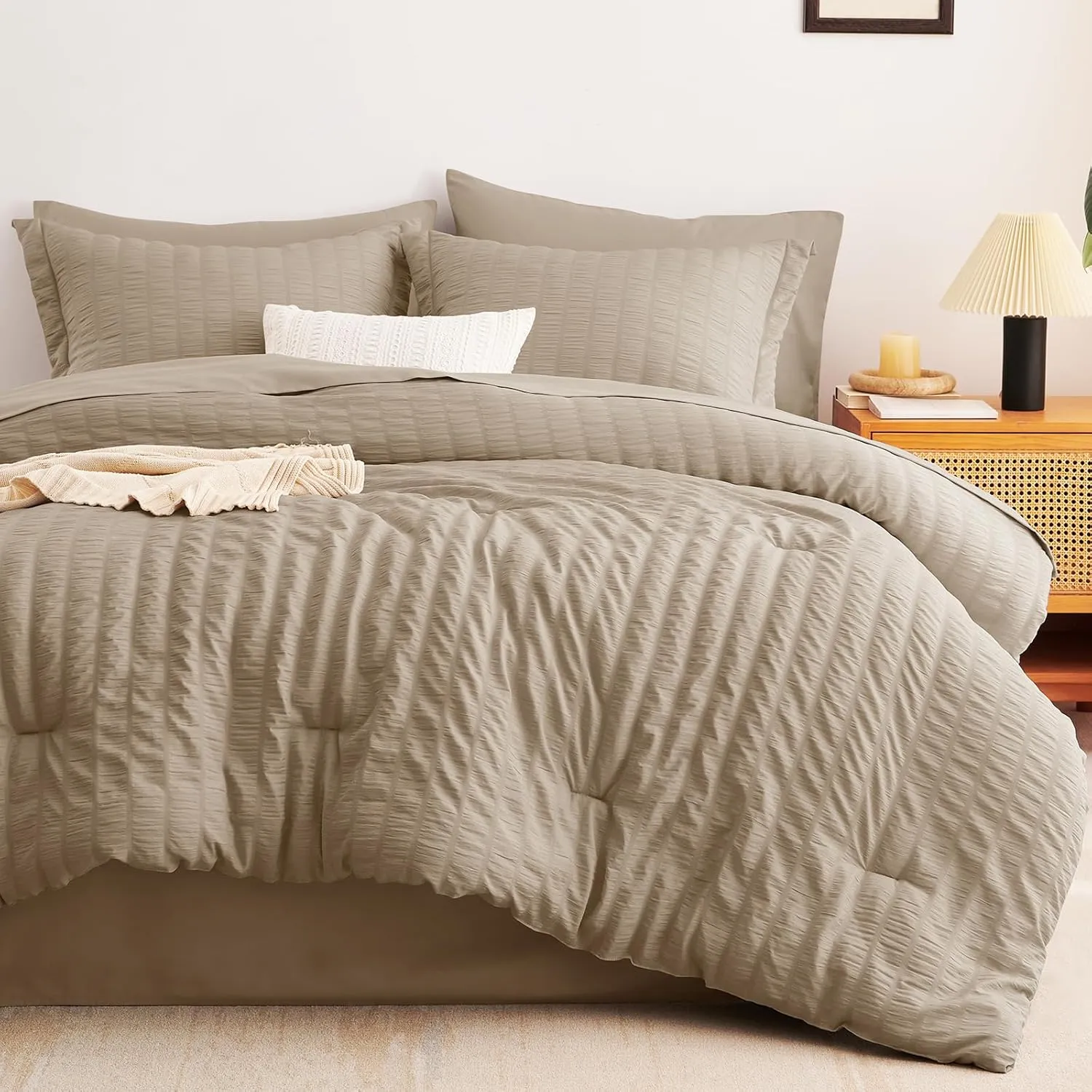 CozyLux Queen Seersucker Comforter Set with Sheets Taupe Bed in a Bag 7-Pieces All Season Bedding Sets with Comforter, Pillow Sham, Flat Sheet, Fitted Sheet, Pillowcase