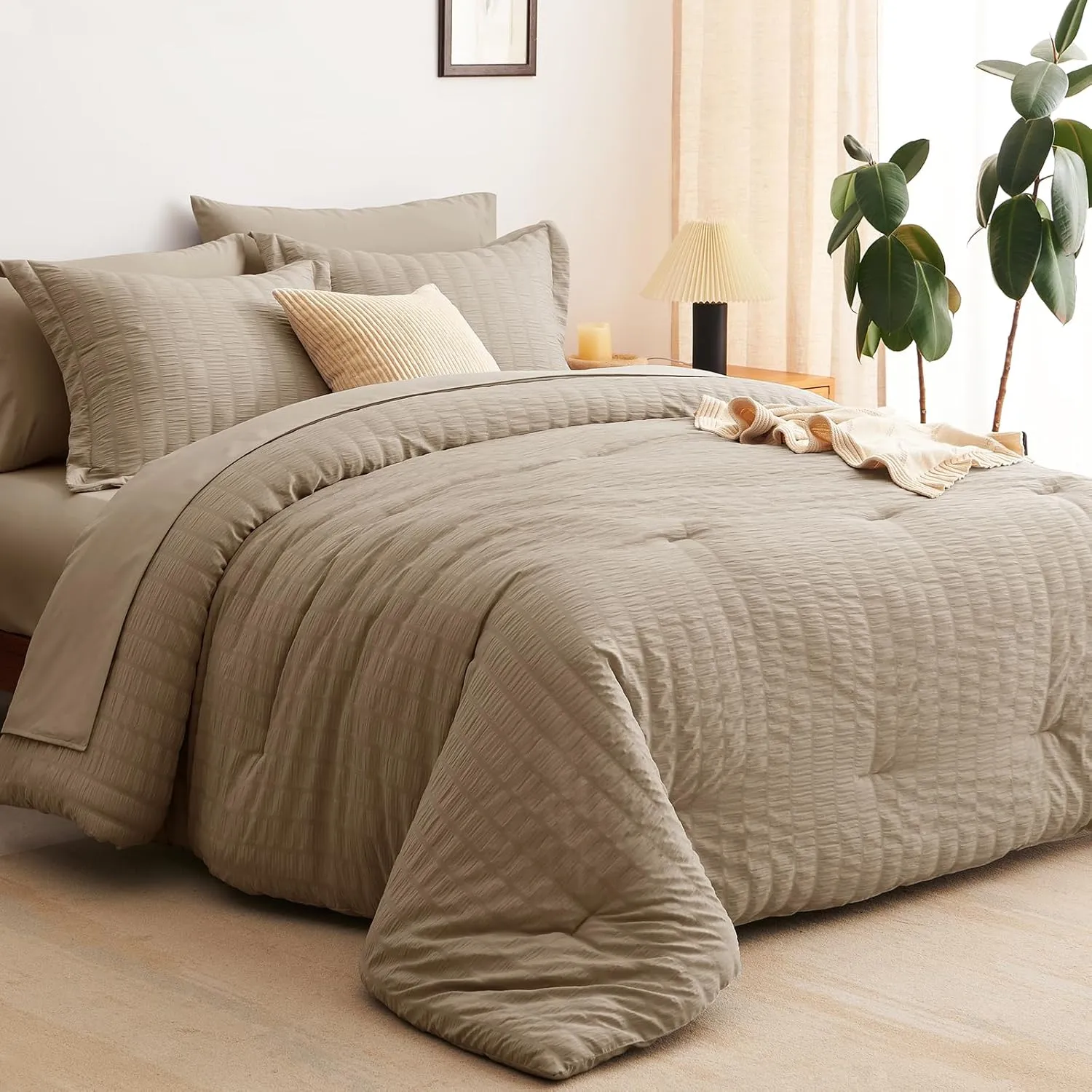CozyLux Queen Seersucker Comforter Set with Sheets Taupe Bed in a Bag 7-Pieces All Season Bedding Sets with Comforter, Pillow Sham, Flat Sheet, Fitted Sheet, Pillowcase