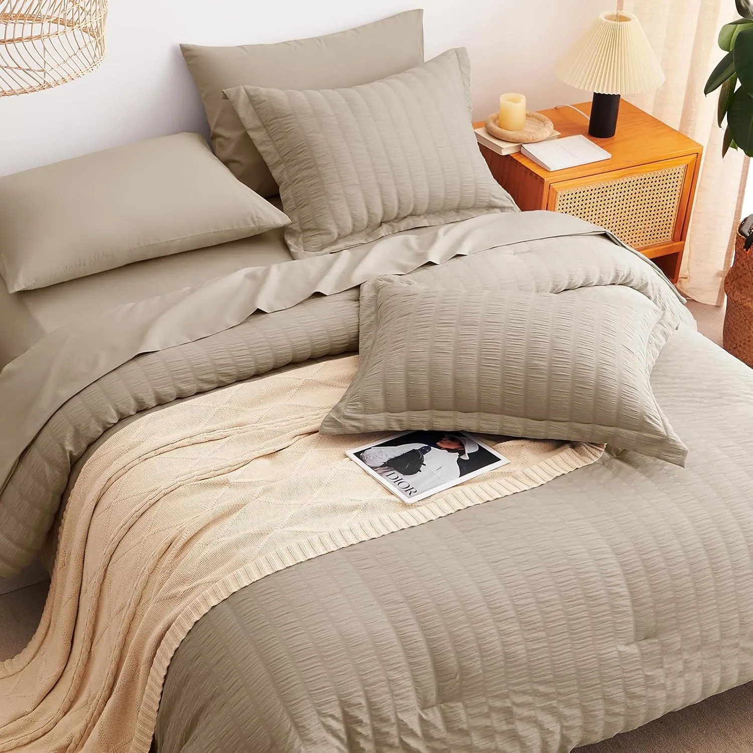 CozyLux Queen Seersucker Comforter Set with Sheets Taupe Bed in a Bag 7-Pieces All Season Bedding Sets with Comforter, Pillow Sham, Flat Sheet, Fitted Sheet, Pillowcase