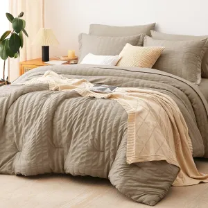 CozyLux Queen Seersucker Comforter Set with Sheets Taupe Bed in a Bag 7-Pieces All Season Bedding Sets with Comforter, Pillow Sham, Flat Sheet, Fitted Sheet, Pillowcase