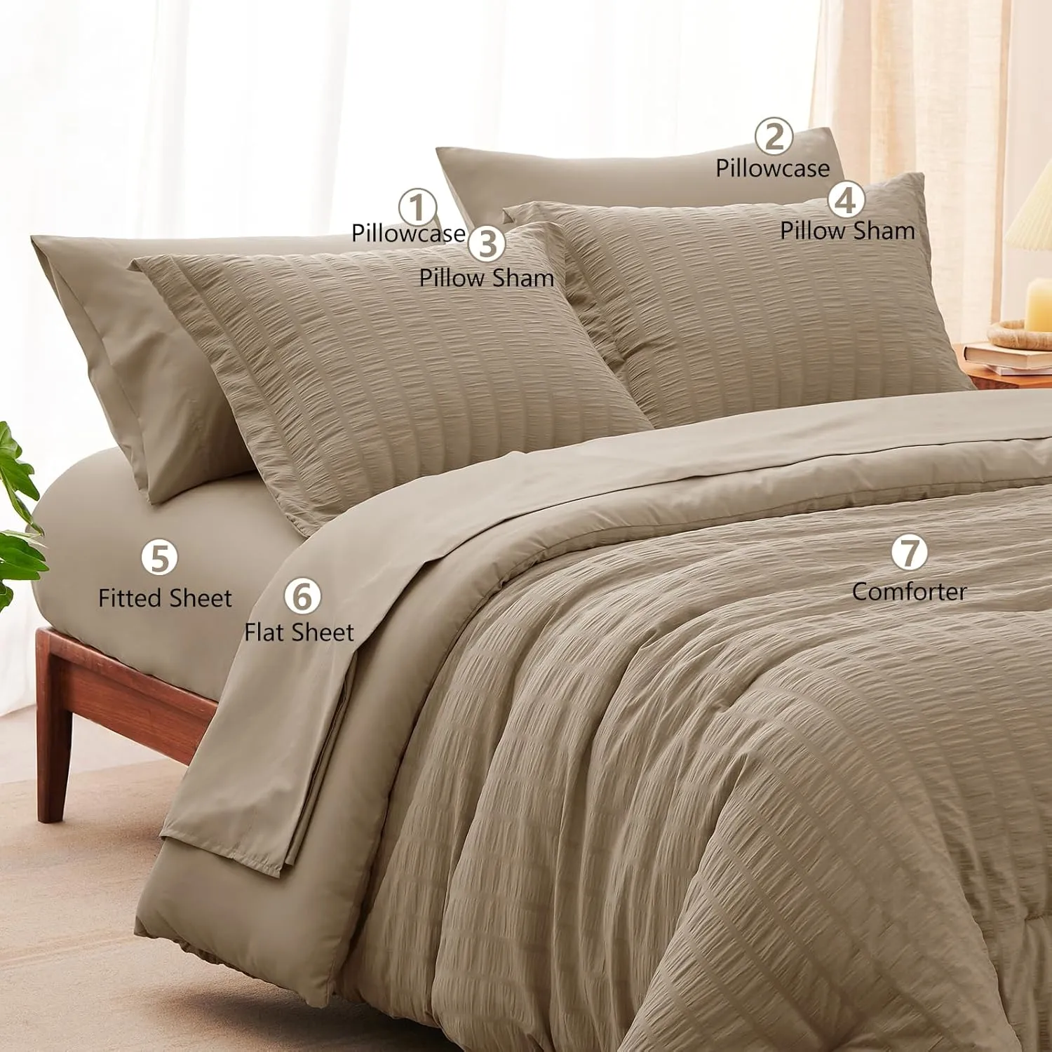 CozyLux Queen Seersucker Comforter Set with Sheets Taupe Bed in a Bag 7-Pieces All Season Bedding Sets with Comforter, Pillow Sham, Flat Sheet, Fitted Sheet, Pillowcase