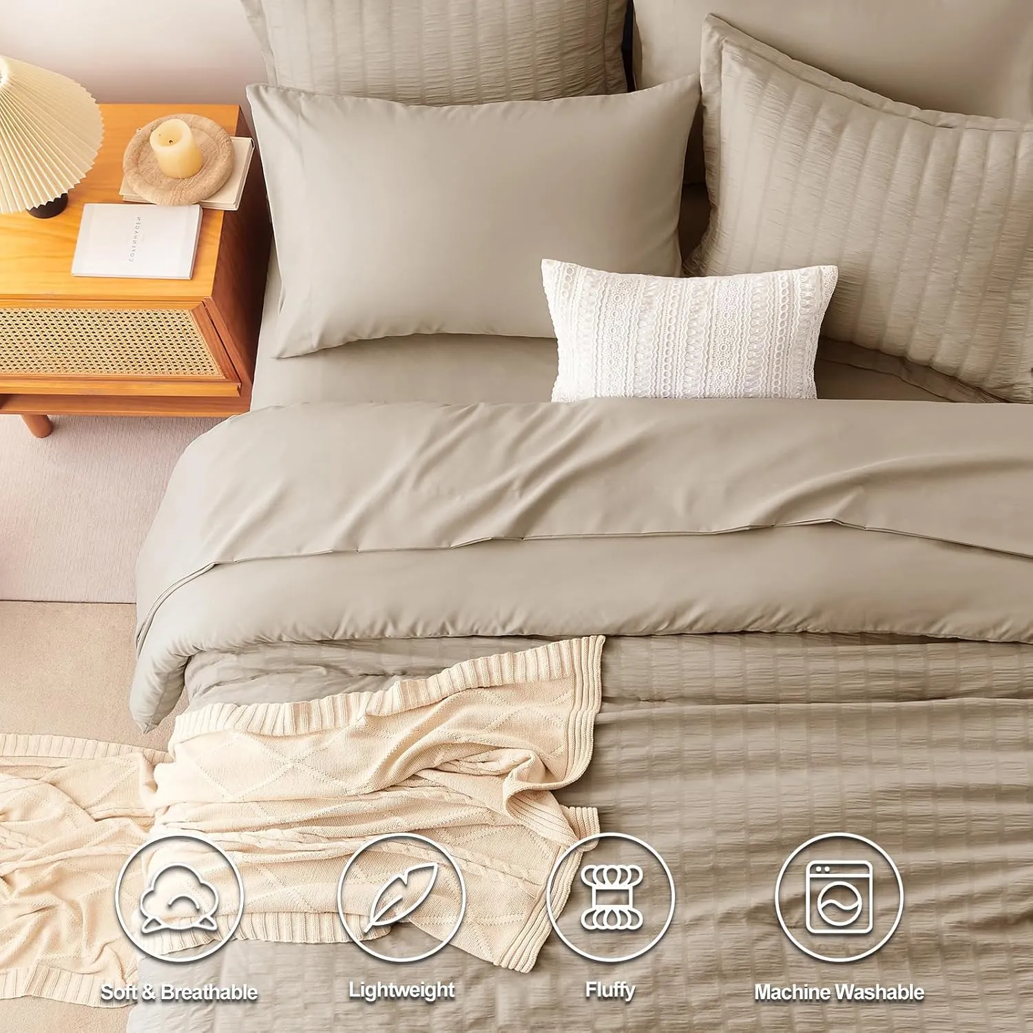CozyLux Queen Seersucker Comforter Set with Sheets Taupe Bed in a Bag 7-Pieces All Season Bedding Sets with Comforter, Pillow Sham, Flat Sheet, Fitted Sheet, Pillowcase