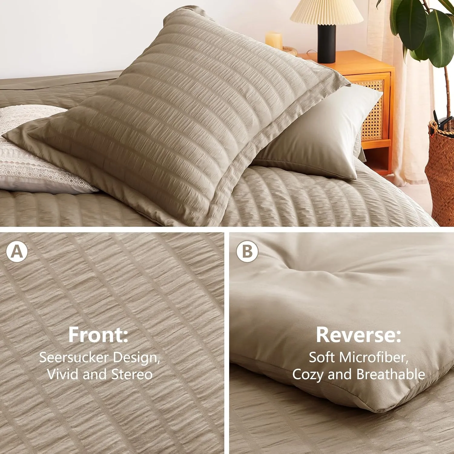 CozyLux Queen Seersucker Comforter Set with Sheets Taupe Bed in a Bag 7-Pieces All Season Bedding Sets with Comforter, Pillow Sham, Flat Sheet, Fitted Sheet, Pillowcase