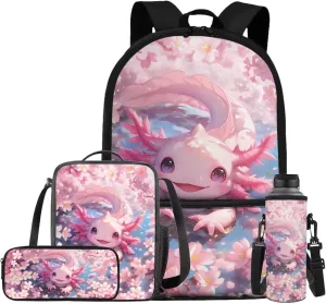 Cute Axolotl 6Th Grade Backpack for Boys 17 Inch Backpack and Lunch Bag Pencil Case Water Bottle Sleeve Set for Girls Ideal for Students Go To School Extracurricular Activities
