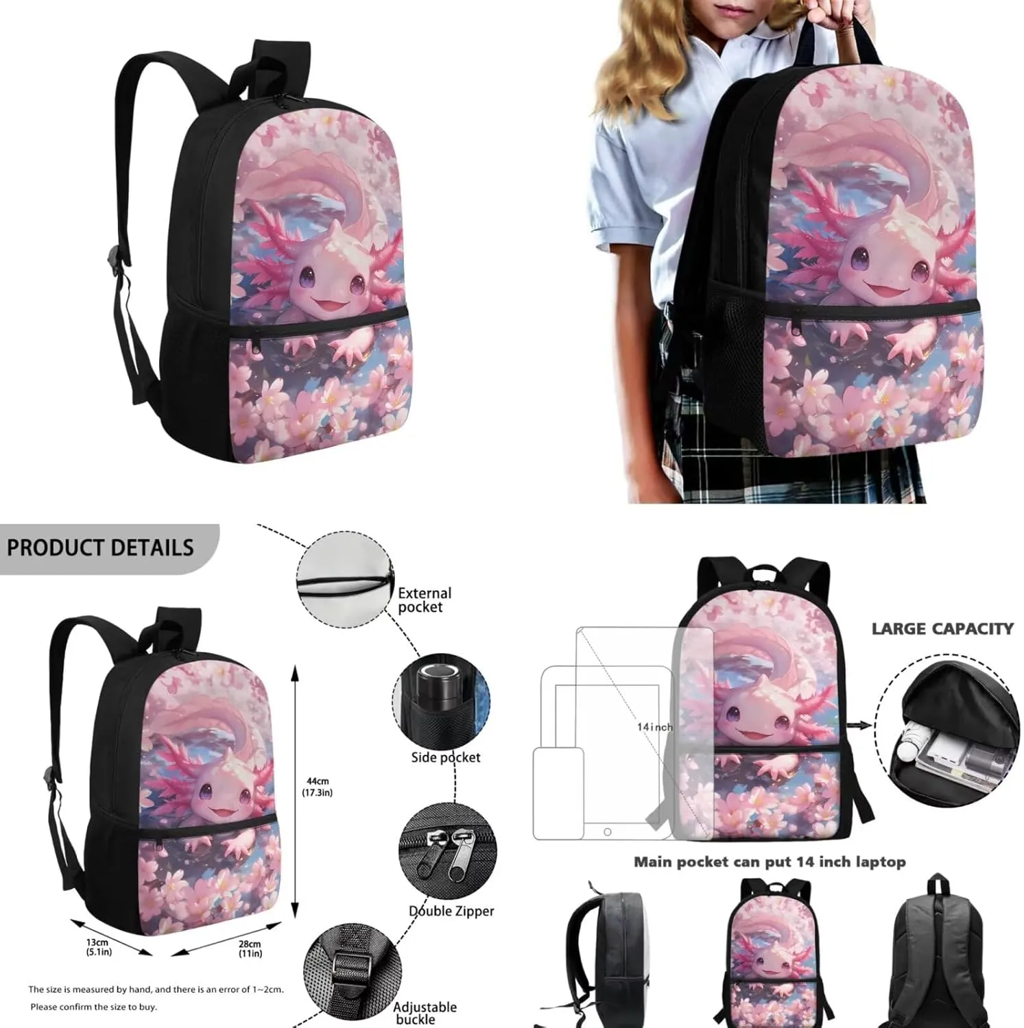 Cute Axolotl 6Th Grade Backpack for Boys 17 Inch Backpack and Lunch Bag Pencil Case Water Bottle Sleeve Set for Girls Ideal for Students Go To School Extracurricular Activities