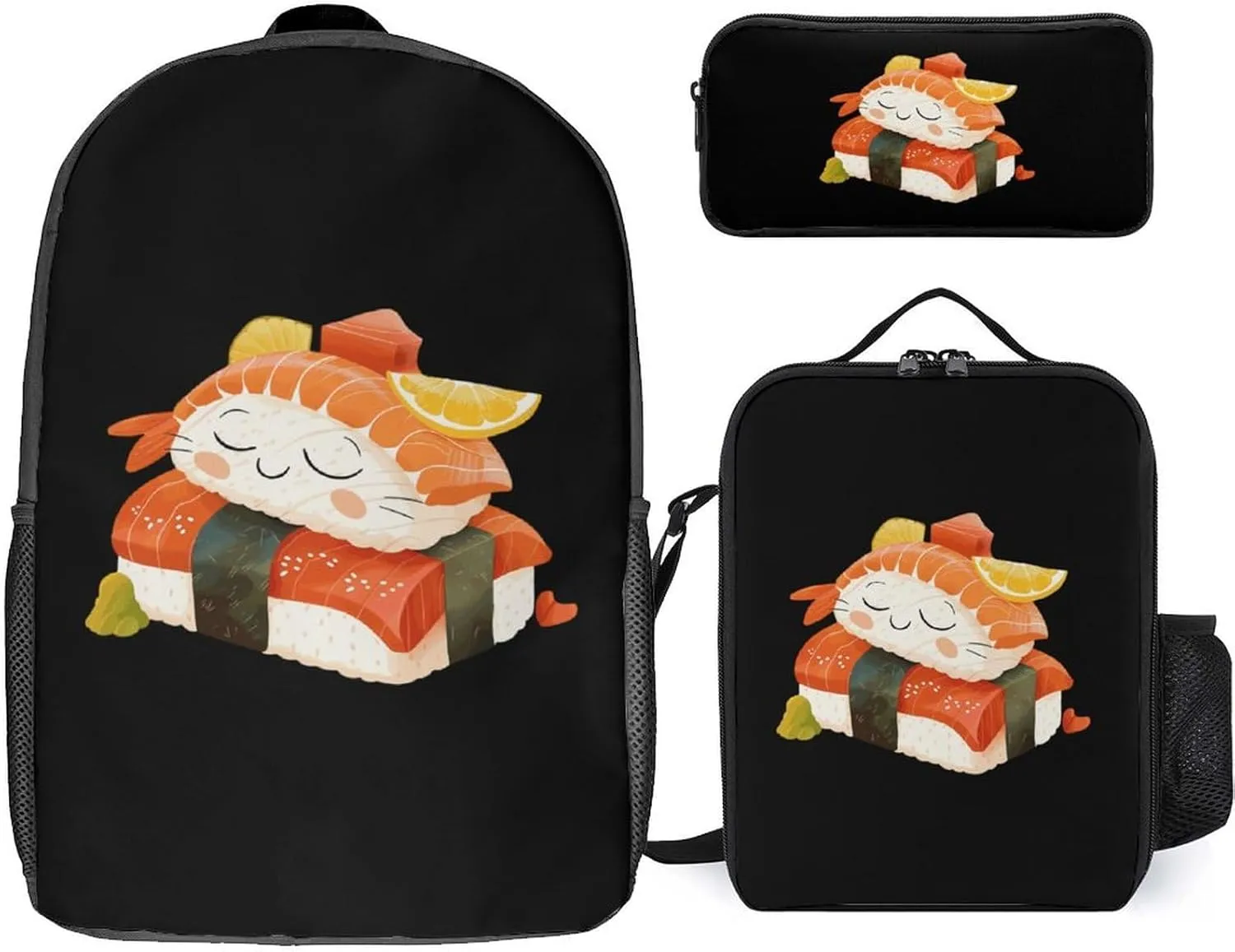 Cute Sleeping Sushi Japanese Food Backpack Set Teens Backpack with Lunch Box Pencil Case Laptop Bag Travel Daypacks