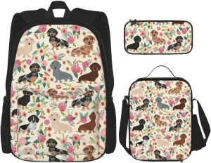Dachshund Floral Print Versatile Adjustable Shoulder Fashion Backpack Lunch Bag Pencil Case Large Capacity