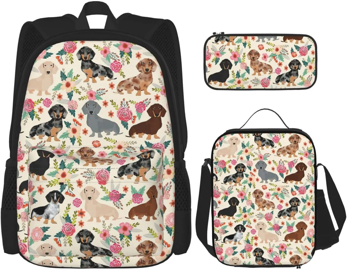 Dachshund Floral Print Versatile Adjustable Shoulder Fashion Backpack Lunch Bag Pencil Case Large Capacity