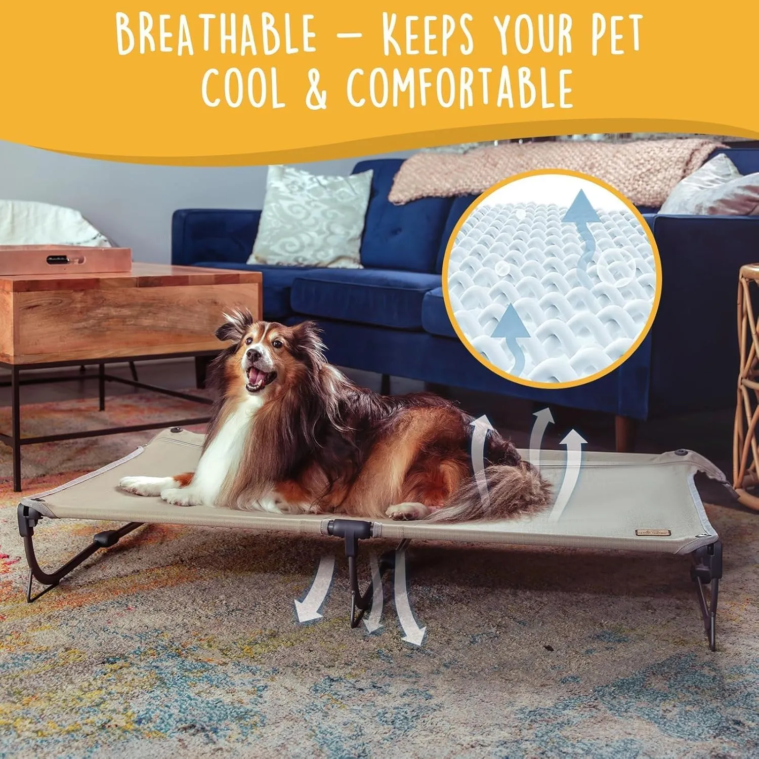 Daisy Cot, Large Foldable Elevated Dog Bed, Portable Raised Outdoor Folding Dog Cot, Cooling, Chew Proof, Waterproof, Heavy Duty Up to 160 Lbs for Camping/Home, Tan, 43"x27"x7”