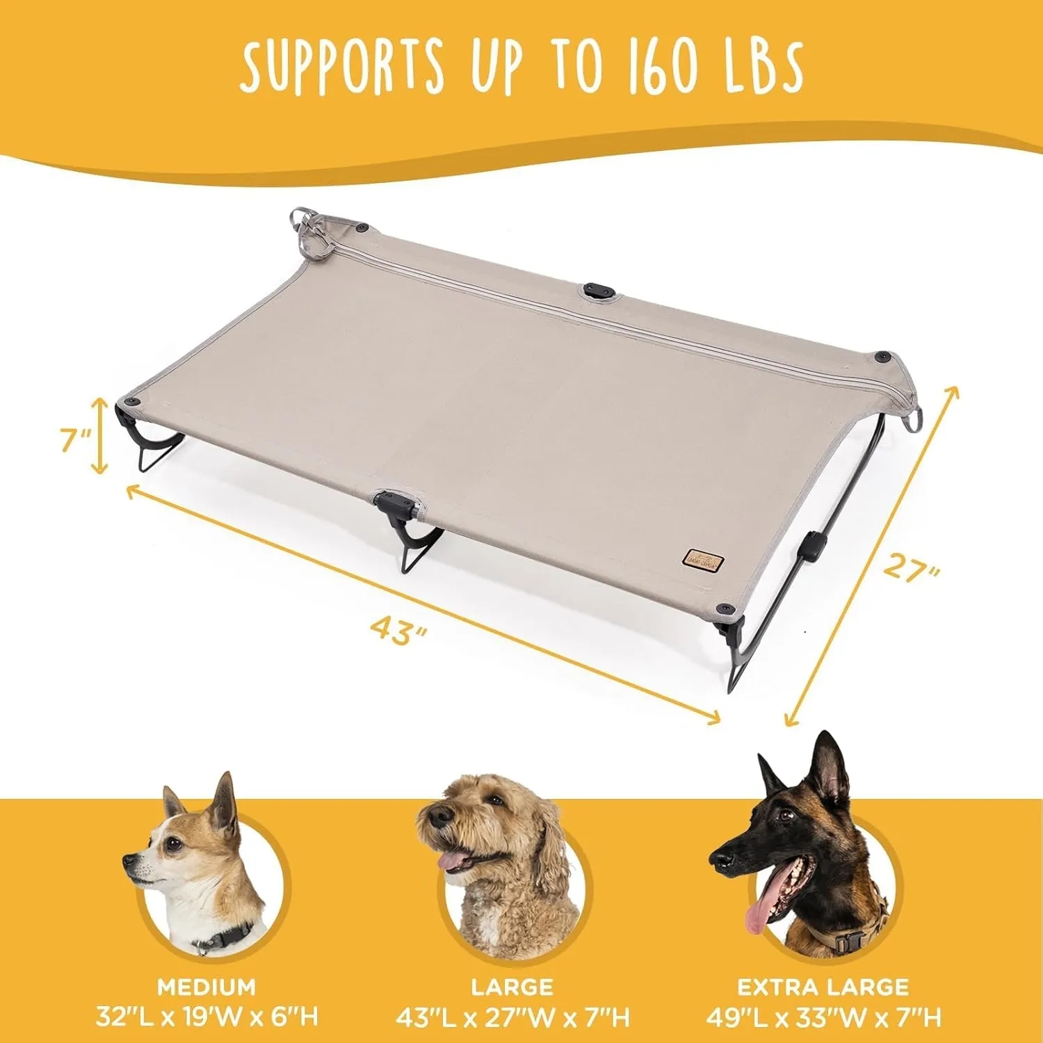 Daisy Cot, Large Foldable Elevated Dog Bed, Portable Raised Outdoor Folding Dog Cot, Cooling, Chew Proof, Waterproof, Heavy Duty Up to 160 Lbs for Camping/Home, Tan, 43"x27"x7”