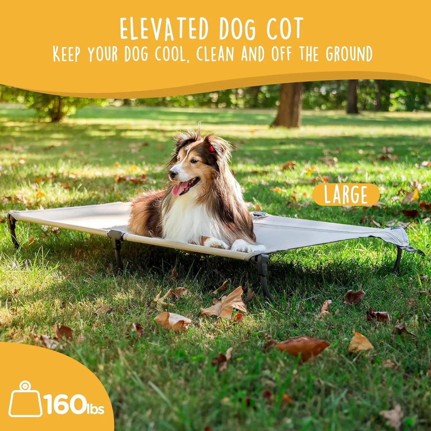 Daisy Cot, Large Foldable Elevated Dog Bed, Portable Raised Outdoor Folding Dog Cot, Cooling, Chew Proof, Waterproof, Heavy Duty Up to 160 Lbs for Camping/Home, Tan, 43"x27"x7”