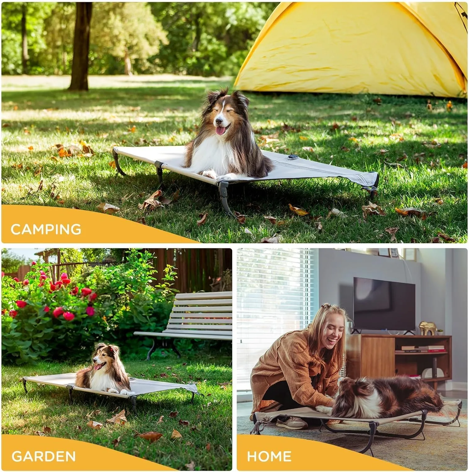 Daisy Cot, Large Foldable Elevated Dog Bed, Portable Raised Outdoor Folding Dog Cot, Cooling, Chew Proof, Waterproof, Heavy Duty Up to 160 Lbs for Camping/Home, Tan, 43"x27"x7”
