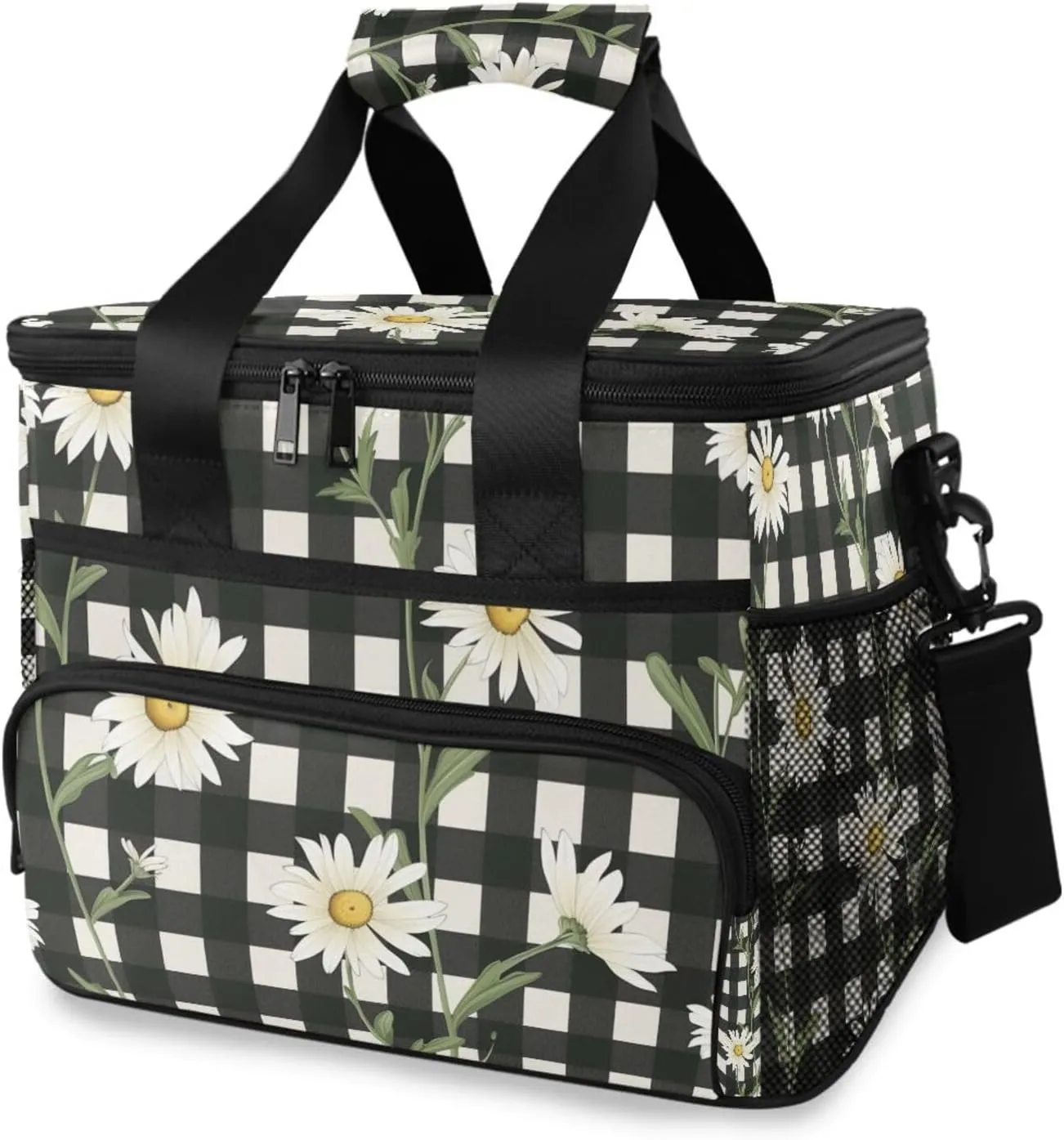Daisy Flower White Black Buffalo Plaid Cooler Bag Insulated Cooler Soft Sided Cooler 24 Can Portable Picnic Bag Large Leakproof Lunch Bag Box for Beach Grocery Camping Travel Car Men Women