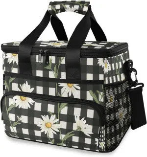 Daisy Flower White Black Buffalo Plaid Cooler Bag Insulated Cooler Soft Sided Cooler 24 Can Portable Picnic Bag Large Leakproof Lunch Bag Box for Beach Grocery Camping Travel Car Men Women