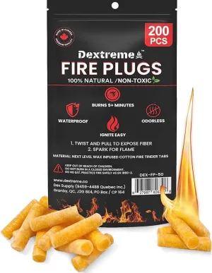 Dextreme Fire Plugs (200 Plugs) Waterproof Fire Starter for Campfires, Emergencies, Survival, Fire Pits, Grills | 5  Minute Burn | All Natural | Made in North America