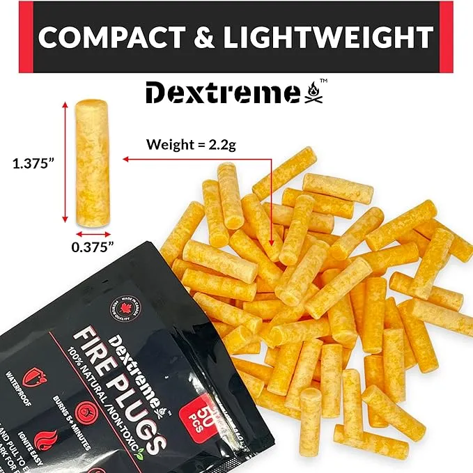 Dextreme Fire Plugs (200 Plugs) Waterproof Fire Starter for Campfires, Emergencies, Survival, Fire Pits, Grills | 5  Minute Burn | All Natural | Made in North America