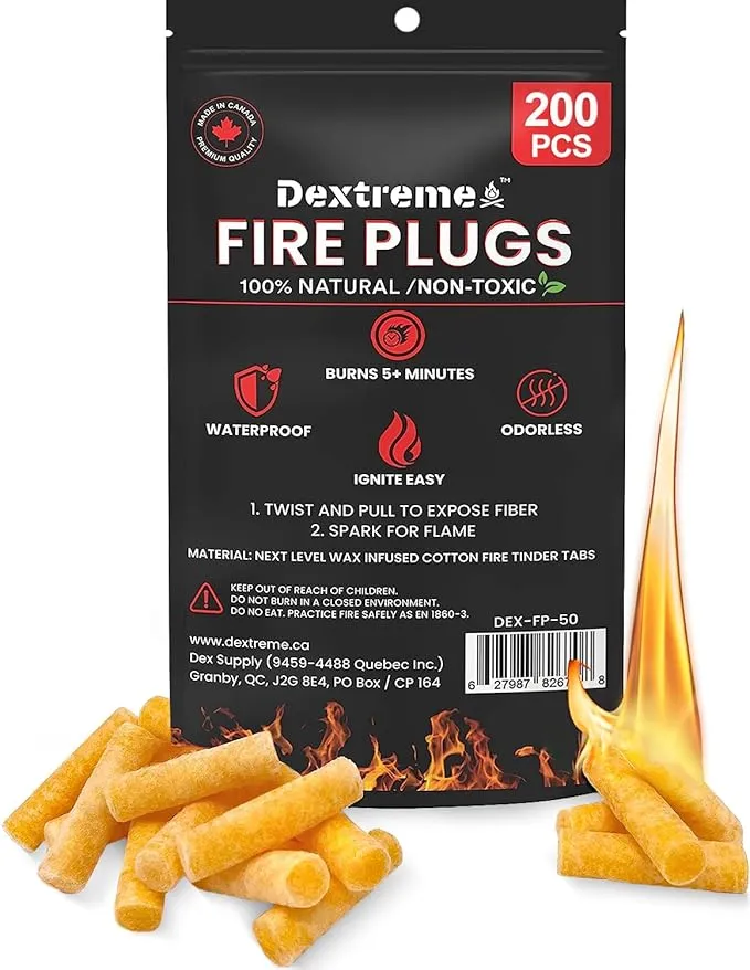 Dextreme Fire Plugs (200 Plugs) Waterproof Fire Starter for Campfires, Emergencies, Survival, Fire Pits, Grills | 5  Minute Burn | All Natural | Made in North America