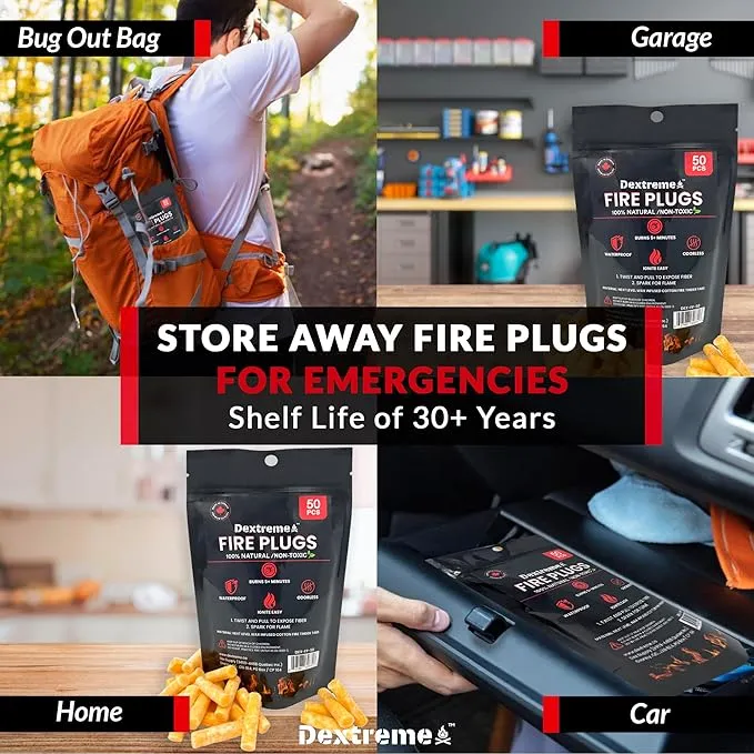 Dextreme Fire Plugs (200 Plugs) Waterproof Fire Starter for Campfires, Emergencies, Survival, Fire Pits, Grills | 5  Minute Burn | All Natural | Made in North America