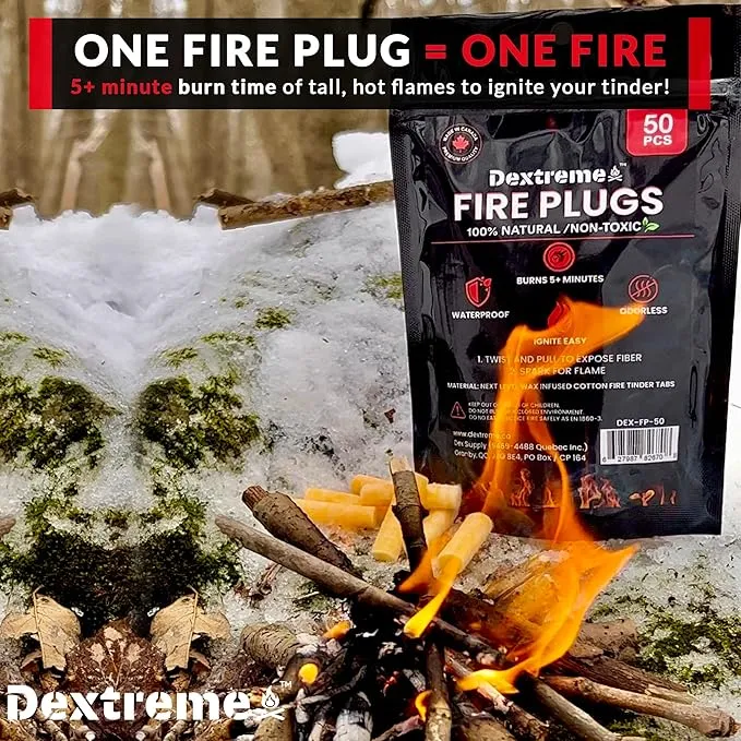 Dextreme Fire Plugs (200 Plugs) Waterproof Fire Starter for Campfires, Emergencies, Survival, Fire Pits, Grills | 5  Minute Burn | All Natural | Made in North America