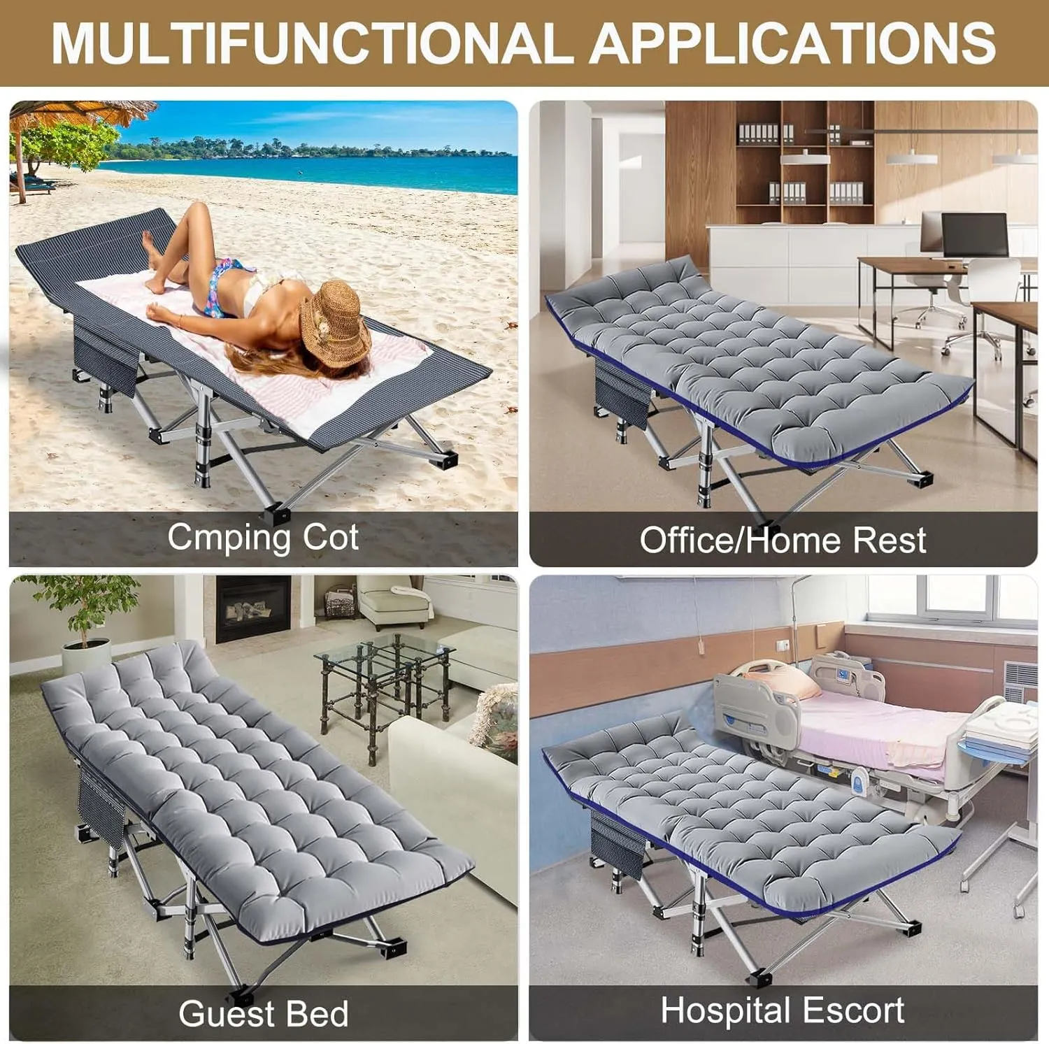 DoCred Oversized XXL Folding Camping Cot with Mattress, 2 Pack Heavy Duty Sleeping Cot Bed Portable Adults Outdoor Bed with Carry Bag, Travel Camp Cots