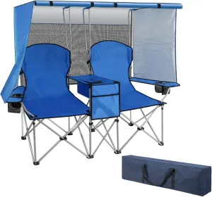 Double Camping Chair with Canopy, Loveseat Camping Chair,Folding Beach Chair with Cup Holder Cooler Bag for Sports Beach Outside（Blue）