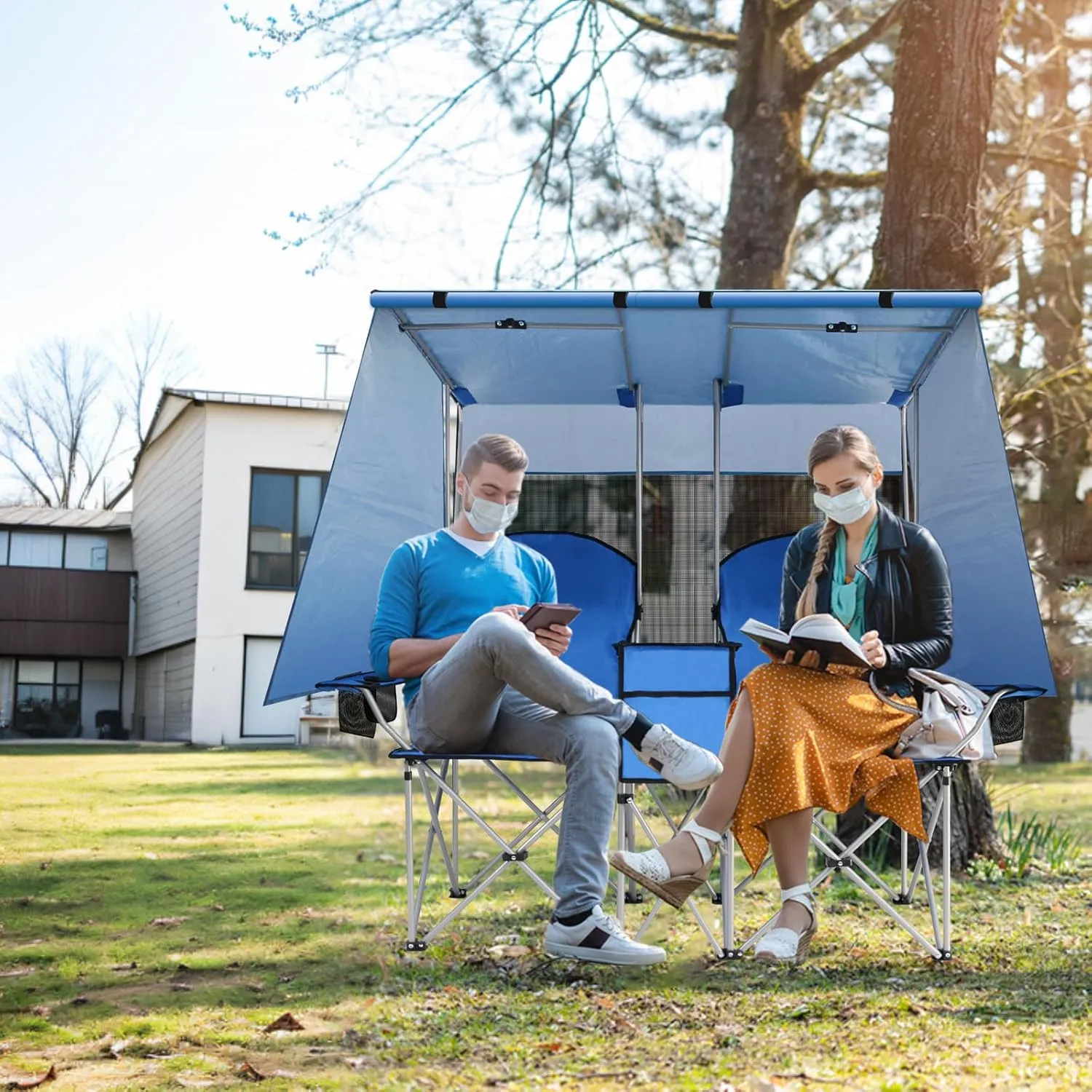 Double Camping Chair with Canopy, Loveseat Camping Chair,Folding Beach Chair with Cup Holder Cooler Bag for Sports Beach Outside（Blue）