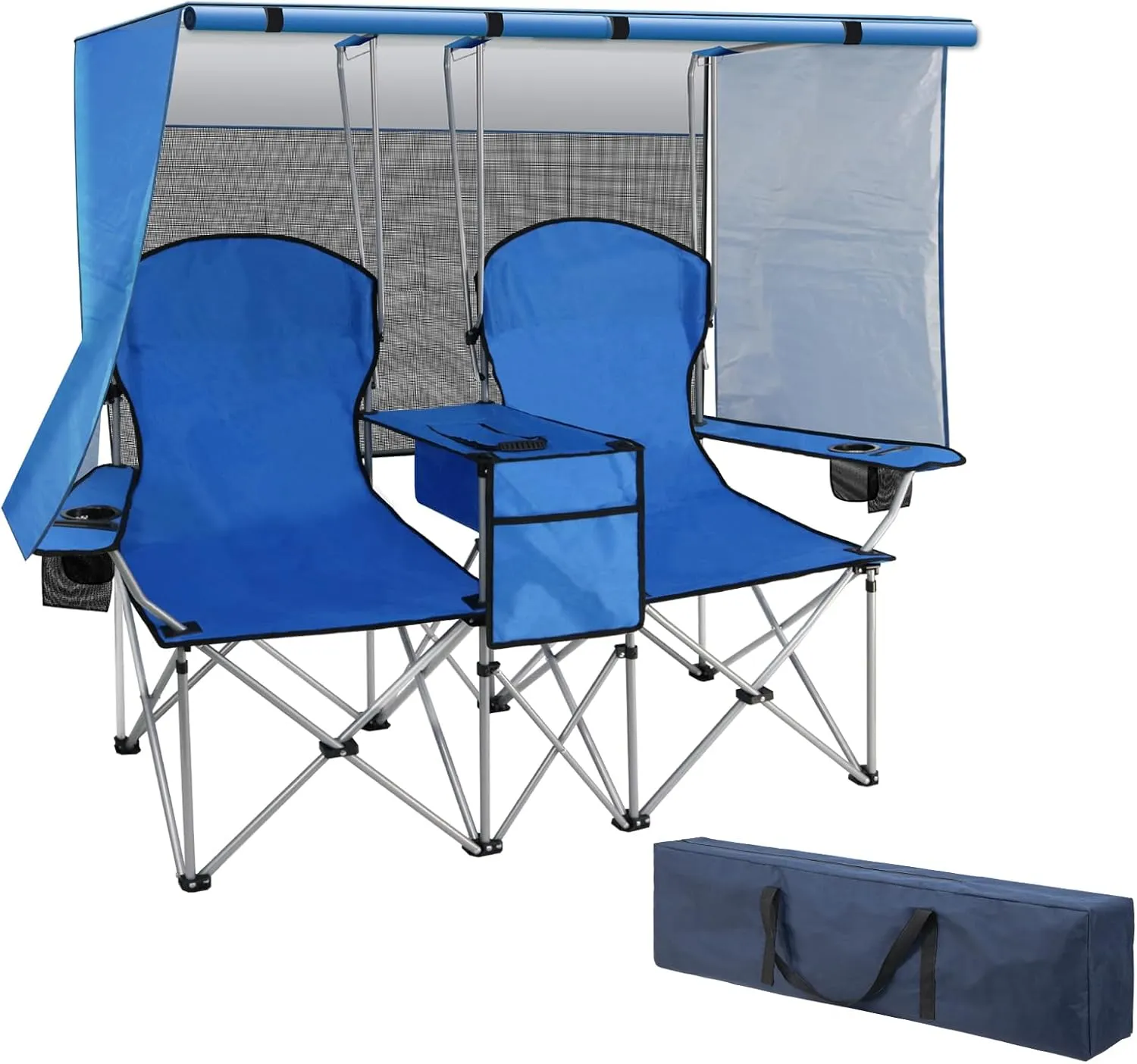 Double Camping Chair with Canopy, Loveseat Camping Chair,Folding Beach Chair with Cup Holder Cooler Bag for Sports Beach Outside（Blue）