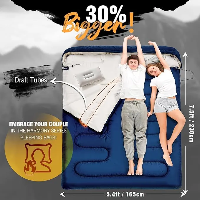 Double Sleeping Bag with Pillow for Adults 3 Season Queen Size Two Person Sleeping Bag Cold Weather Camping Sleeping Bag Camping Essentials Camping Gear Camping Accessories