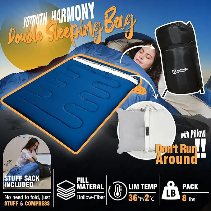 Double Sleeping Bag with Pillow for Adults 3 Season Queen Size Two Person Sleeping Bag Cold Weather Camping Sleeping Bag Camping Essentials Camping Gear Camping Accessories