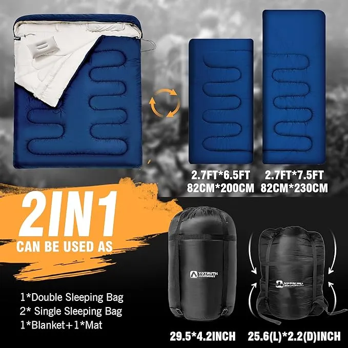 Double Sleeping Bag with Pillow for Adults 3 Season Queen Size Two Person Sleeping Bag Cold Weather Camping Sleeping Bag Camping Essentials Camping Gear Camping Accessories