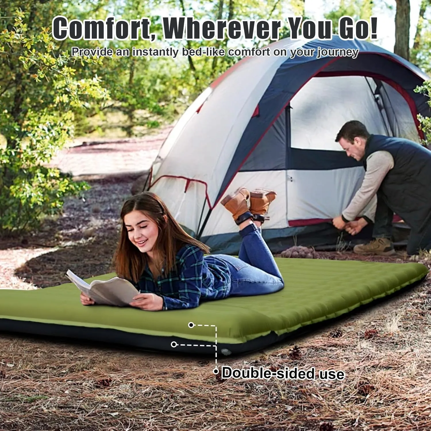 Double Sleeping Pad, Self Inflating 4.7'' Extra Thick for 2 Person Built-in Pump, Portable Camping Mattress Sleeping Mat for Backpacking Hiking Tent Travel