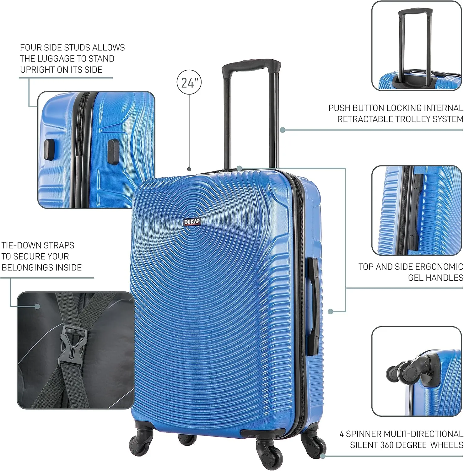 DUKAP INCEPTION Luggage with Spinner Wheels | Durable Lightweight Hardside Suitcase, Travel Bag with Handle and Trolley, 24-Inch Medium Checked Luggage | Blue