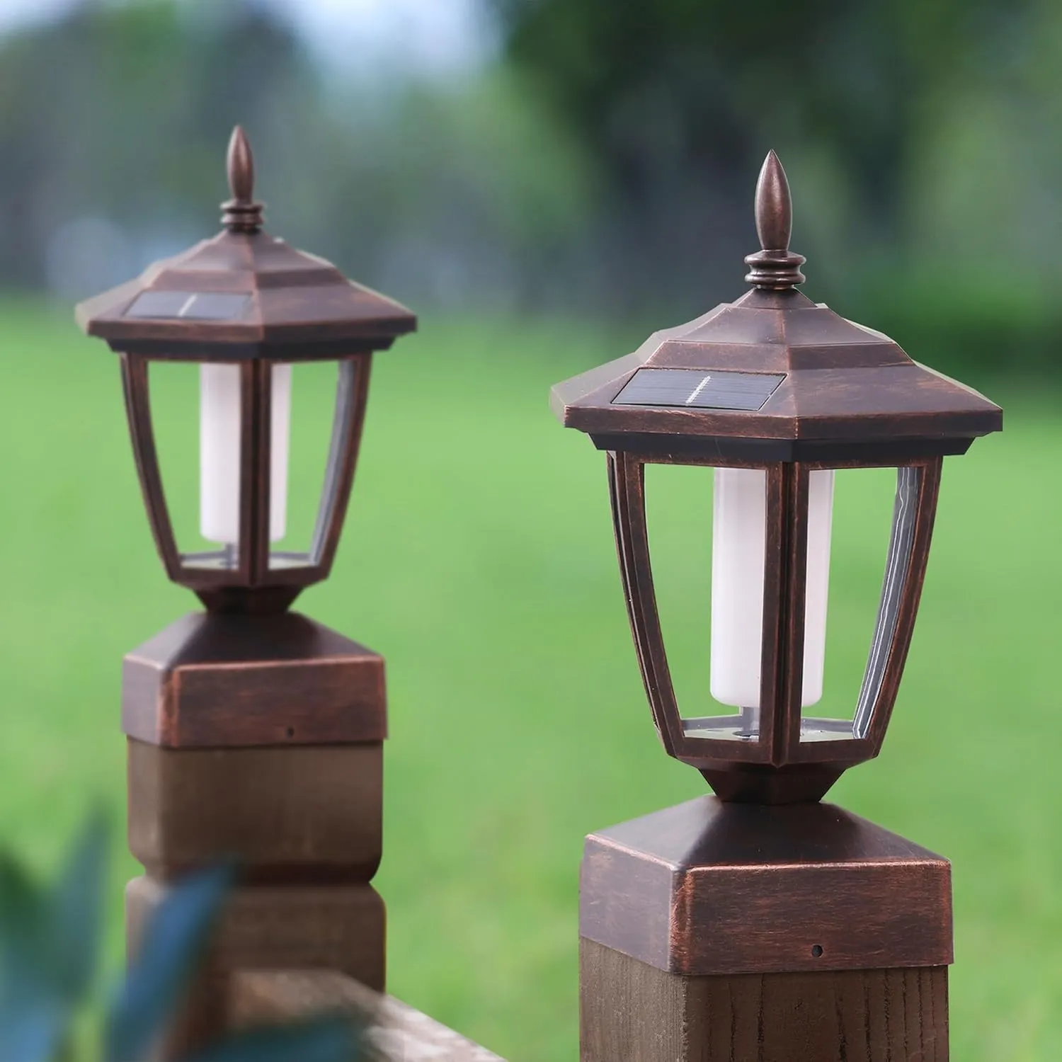 Dynaming 4 Pack Solar Flame Post Lights Outdoor, Solar Powered Lamps Fence Post Cap Lights, Flickering Flame LED Lantern Waterproof for Garden Deck Patio, Fit 4x4, 5x5 or 6x6 Wooden Posts, Bronze