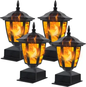 Dynaming Solar Flame Post Lights Outdoor, Solar Powered Lamps Fence Post Cap Lights, Flickering Flame LED Lantern Decorative Waterproof for Garden Deck Patio, Fit 4x4, 5x5 or 6x6 Wooden Posts, 4 Pack