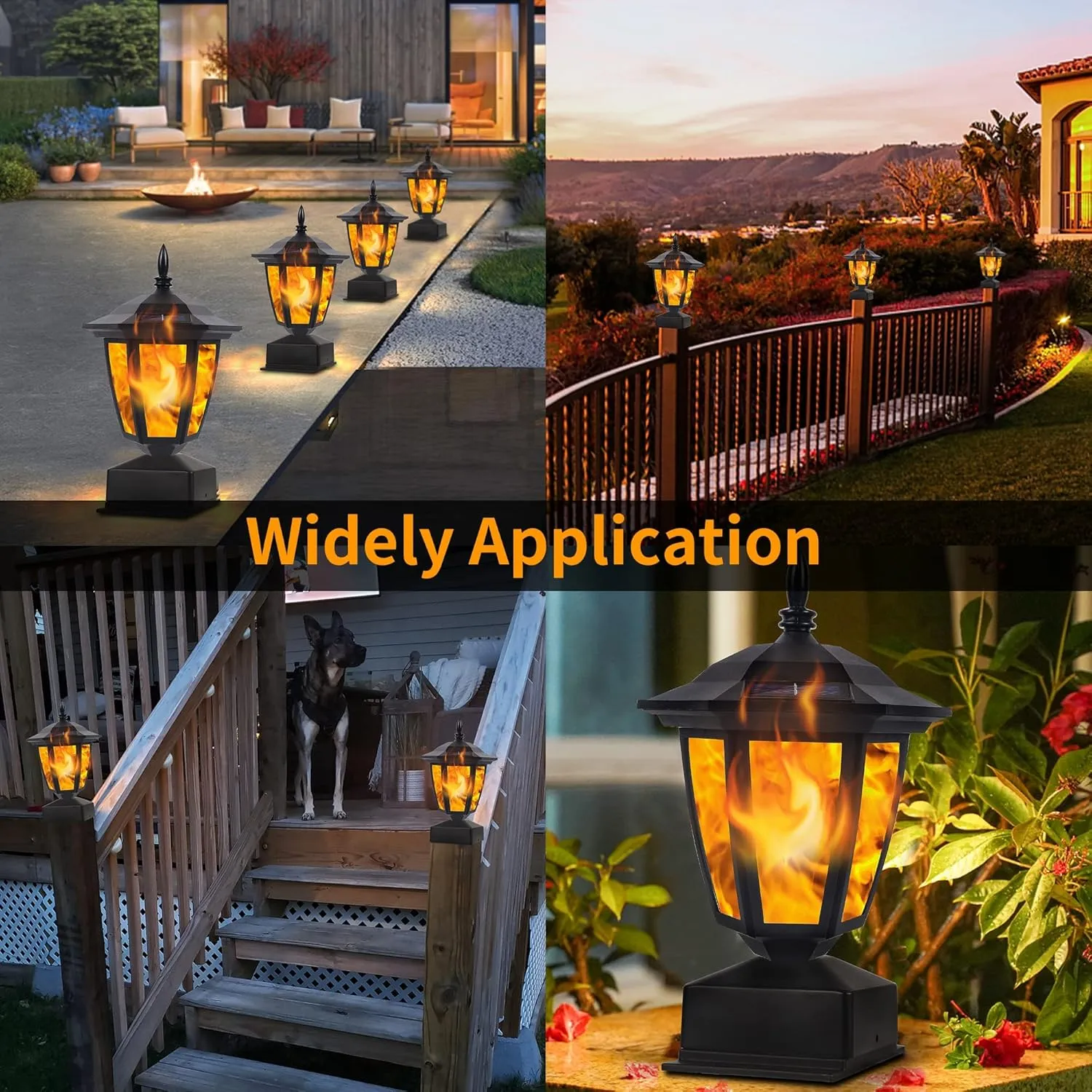 Dynaming Solar Flame Post Lights Outdoor, Solar Powered Lamps Fence Post Cap Lights, Flickering Flame LED Lantern Decorative Waterproof for Garden Deck Patio, Fit 4x4, 5x5 or 6x6 Wooden Posts, 4 Pack