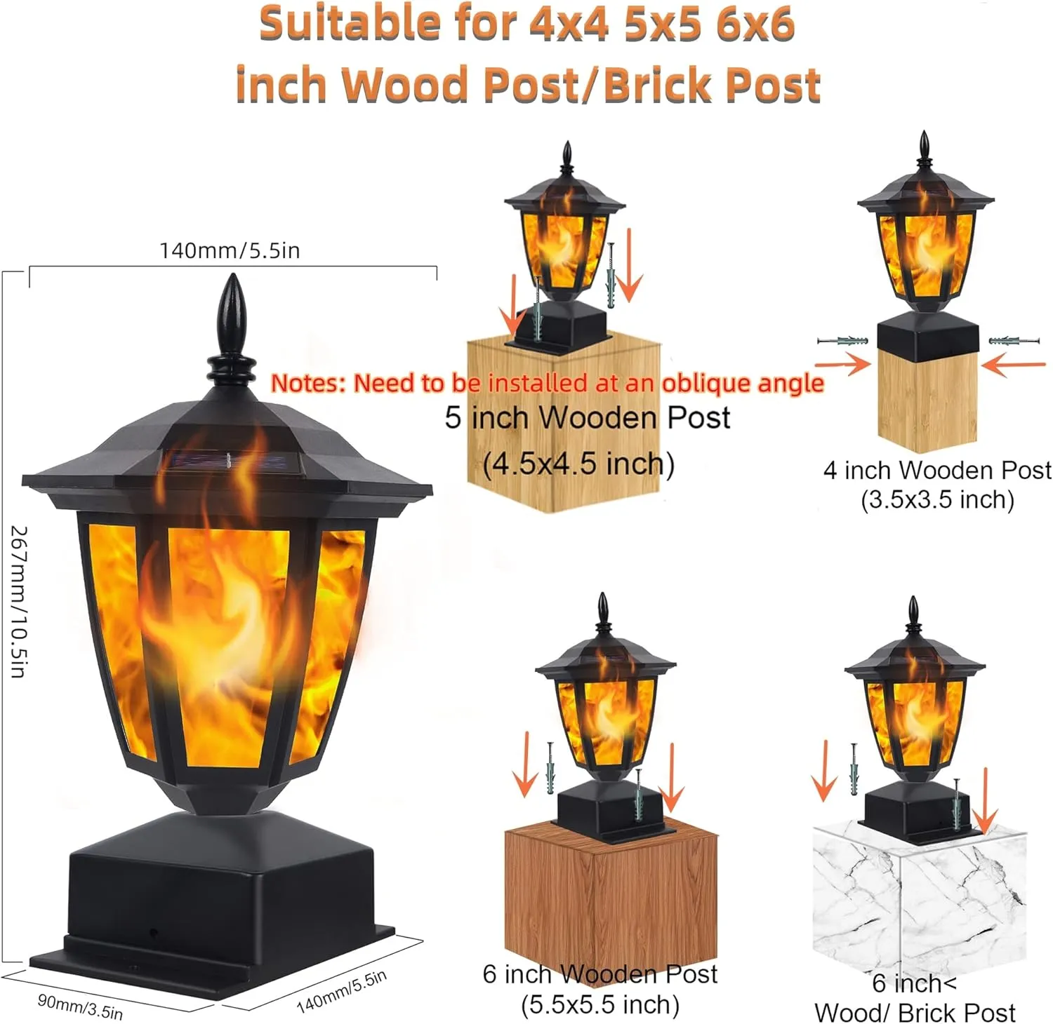 Dynaming Solar Flame Post Lights Outdoor, Solar Powered Lamps Fence Post Cap Lights, Flickering Flame LED Lantern Decorative Waterproof for Garden Deck Patio, Fit 4x4, 5x5 or 6x6 Wooden Posts, 4 Pack