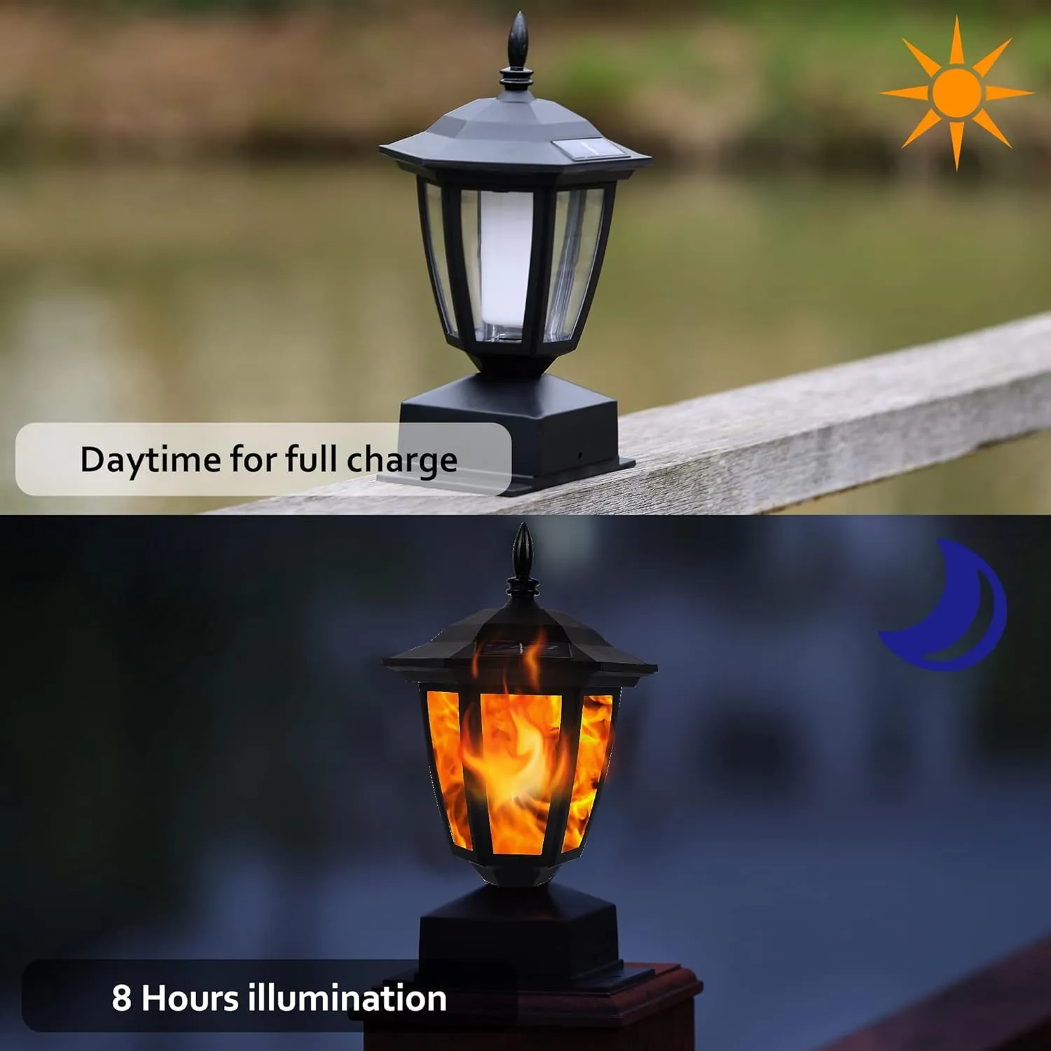 Dynaming Solar Flame Post Lights Outdoor, Solar Powered Lamps Fence Post Cap Lights, Flickering Flame LED Lantern Decorative Waterproof for Garden Deck Patio, Fit 4x4, 5x5 or 6x6 Wooden Posts, 4 Pack