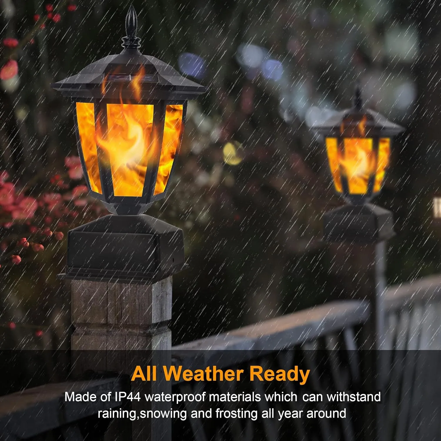 Dynaming Solar Flame Post Lights Outdoor, Solar Powered Lamps Fence Post Cap Lights, Flickering Flame LED Lantern Decorative Waterproof for Garden Deck Patio, Fit 4x4, 5x5 or 6x6 Wooden Posts, 4 Pack