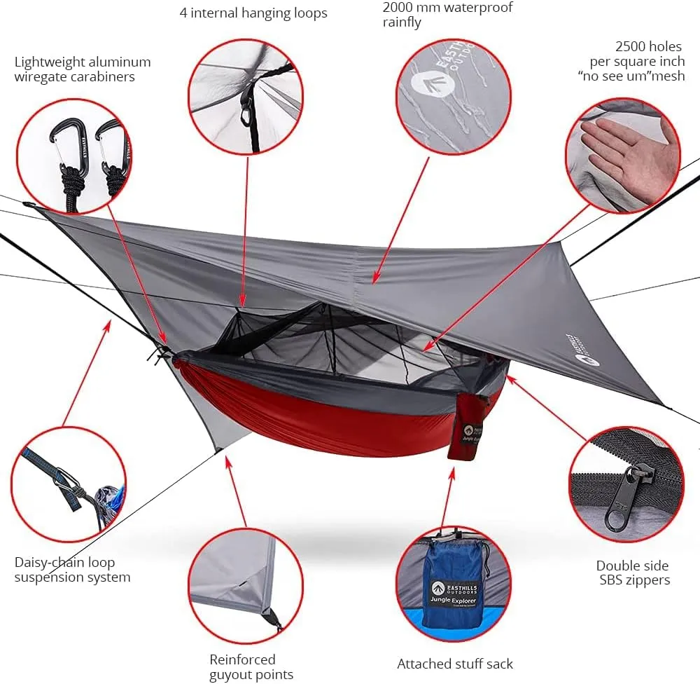 Easthills Outdoors Jungle Explorer 118" x 79" Double Camping Hammock Lightweight Ripstop Parachute Nylon 2 Person Hammocks with Removable Bug Net, Tree Straps and Tarp Red